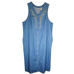 Vintage 90s Denim Shift Dress Womens 16/18W Embroidered Sleeveless Button Front